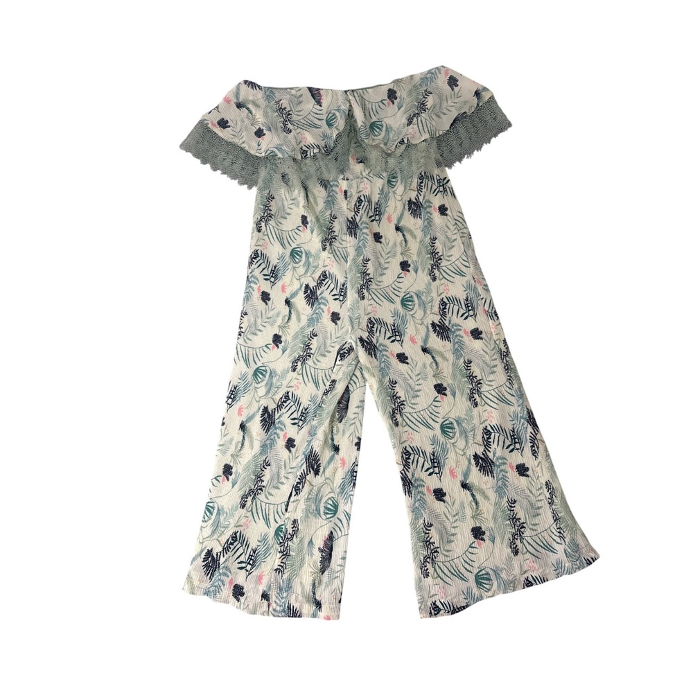 Foxiedox Mint Tropical Floral Off the Shoulder Lace Ruffle Jumpsuit Large NWT